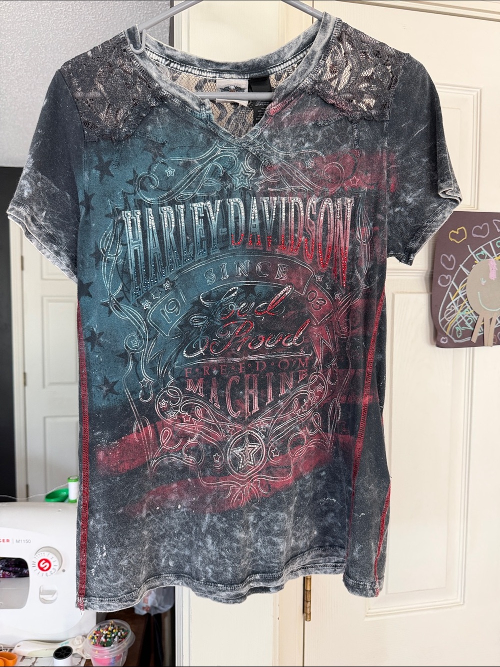 Harley-Davidson Black Tee with Red & Blue Flag Graphic